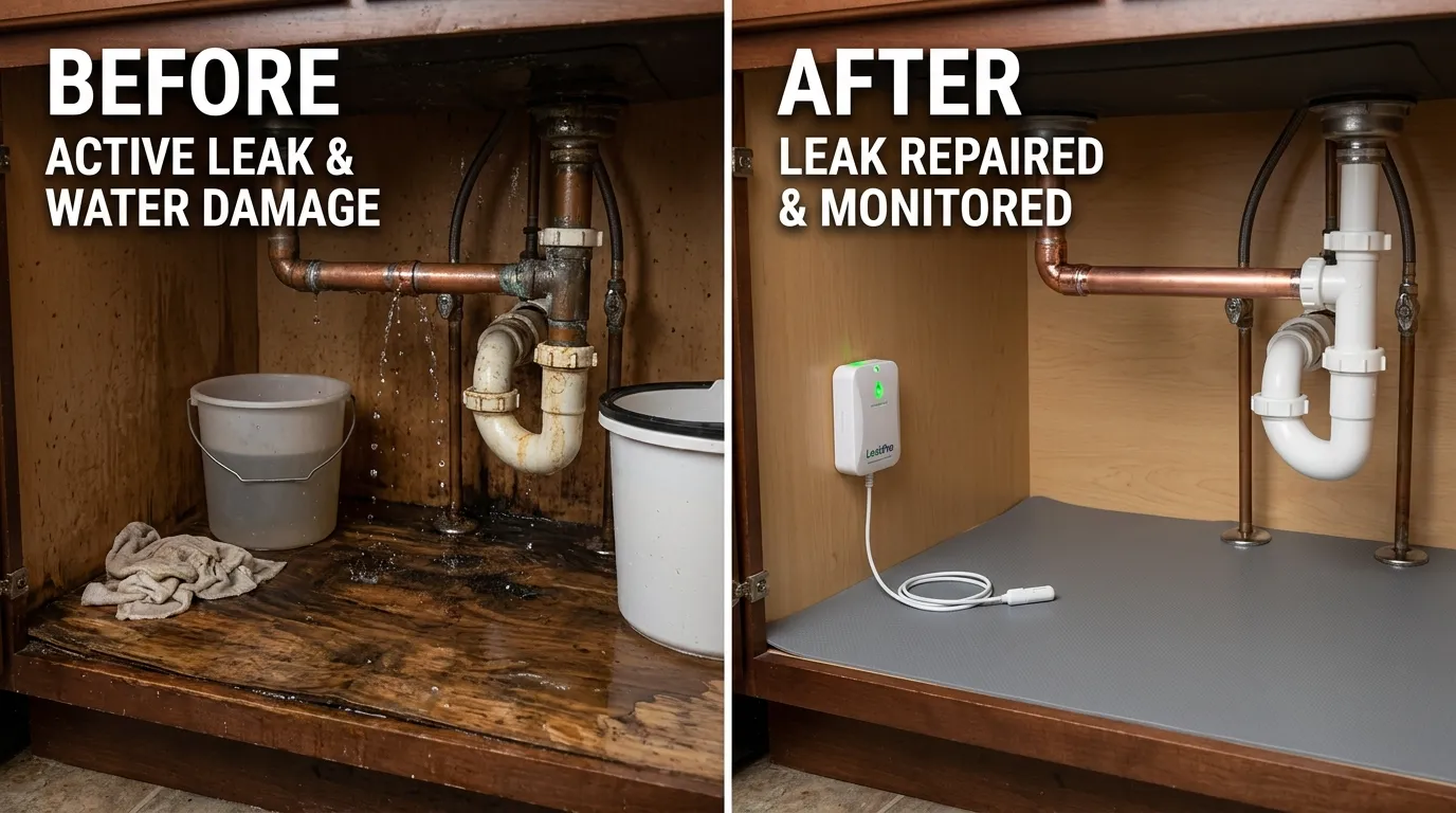 Under-Sink Water Leak Repair Before and After