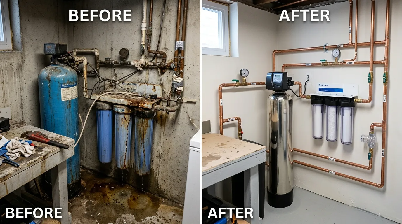 Water Filtration & Softener System Replacement Before and After - Smith Auro Plumbing Aurora CO