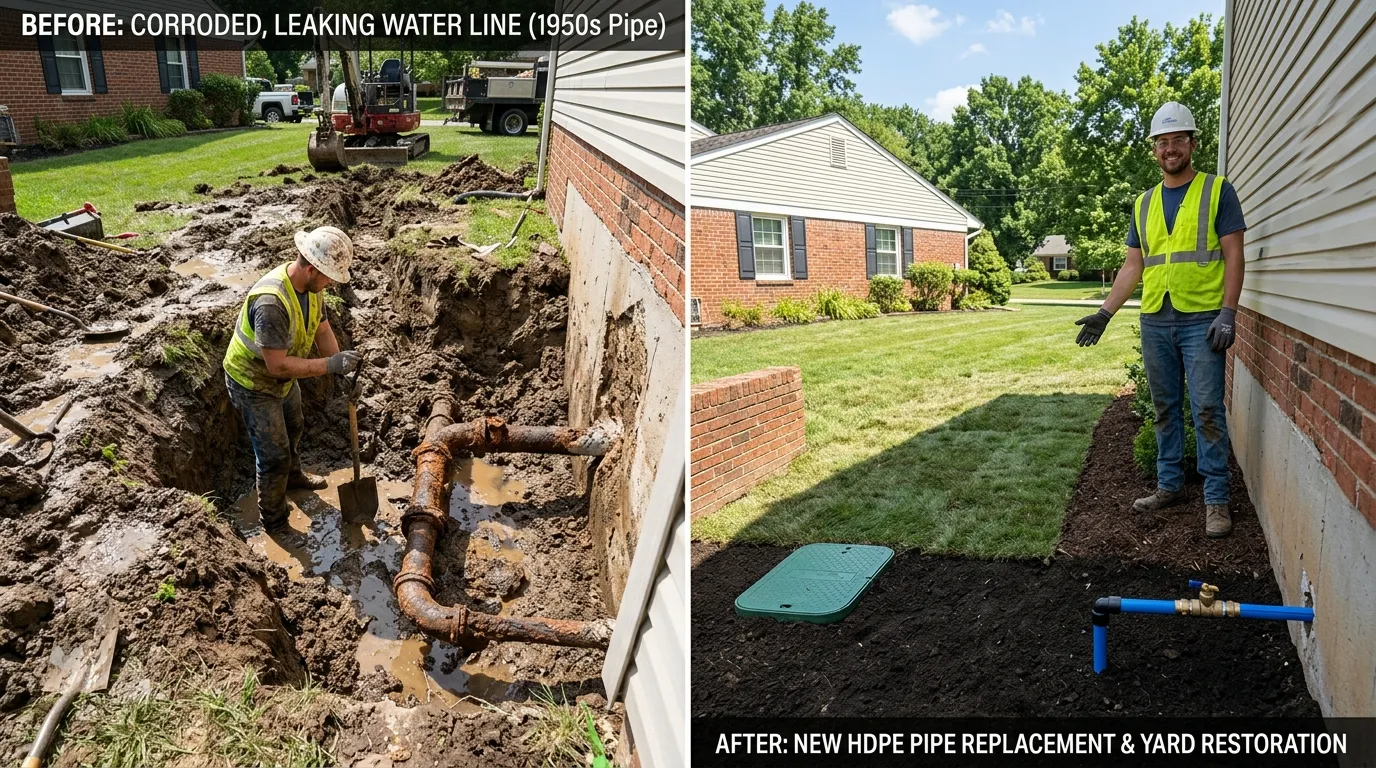 Water Line Replacement with New HDPE Pipe & Yard Restoration Before and After - Smith Auro Plumbing Aurora CO